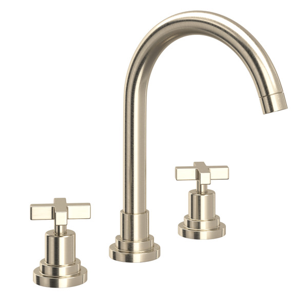 Lombardia C-Spout Widespread Bathroom Faucet - Satin Nickel with Cross Handle | Model Number: A2208XMSTN-2 - Product Knockout