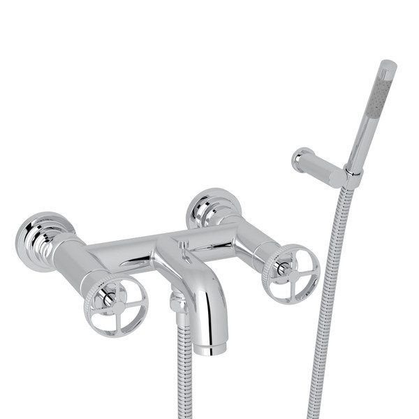 Campo Wall Mount Exposed Tub Filler with Handshower - Polished Chrome with Industrial Metal Wheel Handle | Model Number: A3302IWAPC - Product Knockout