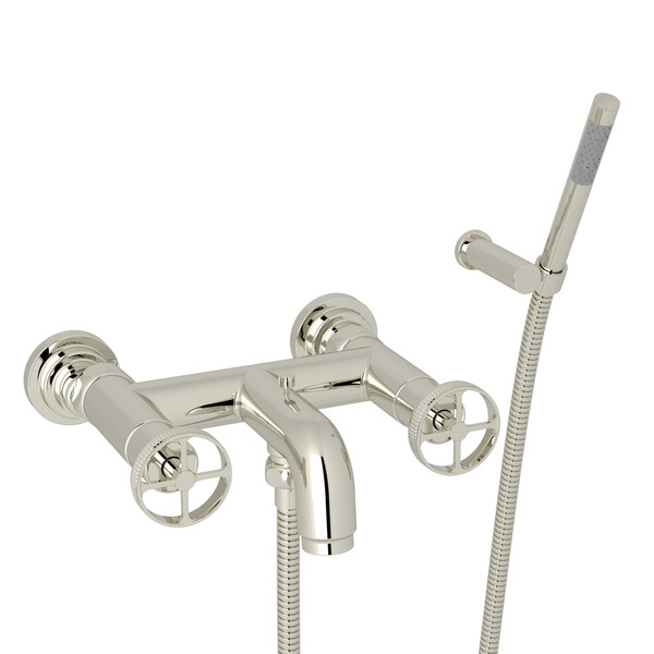 Campo Wall Mount Exposed Tub Filler with Handshower - Polished Nickel with Industrial Metal Wheel Handle | Model Number: A3302IWPN - Product Knockout