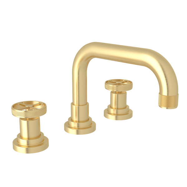 Campo U-Spout Widespread Bathroom Faucet - Satin Unlacquered Brass with Industrial Metal Wheel Handle | Model Number: A3318IWSUB-2 - Product Knockout