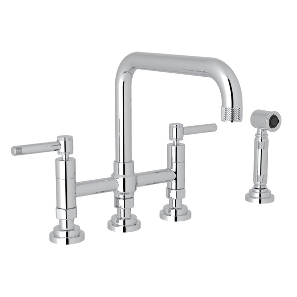 Campo Deck Mount U-Spout 3 Leg Bridge Faucet with Sidespray - Polished Chrome with Industrial Metal Lever Handle | Model Number: A3358ILWSAPC-2 - Product Knockout