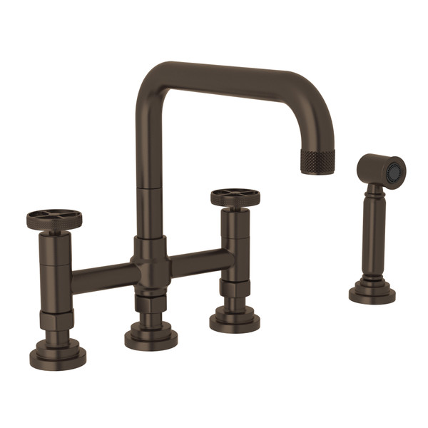 Campo Deck Mount U-Spout 3 Leg Bridge Faucet with Sidespray - Tuscan Brass with Industrial Metal Wheel Handle | Model Number: A3358IWWSTCB-2 - Product Knockout