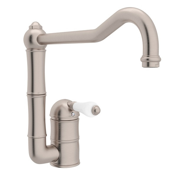 DISCONTINUÉ -Robinet de cuisine monotrou à bec vertical et allongé Acqui - Nickel satiné avec poignée à levier en porcelaine blanche | Numéro de modèle: A3608/11LPSTN-2 - Produit épuisé