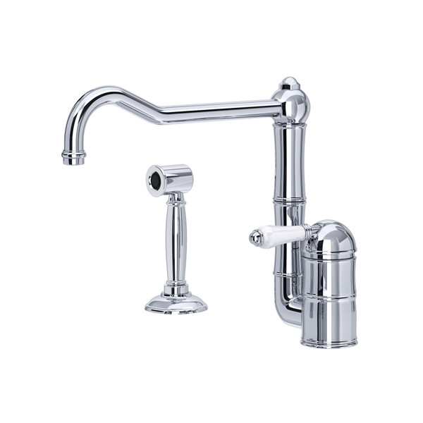 Acqui Single Hole Column Spout Kitchen Faucet with Sidespray and Extended Spout - Polished Chrome with White Porcelain Lever Handle | Model Number: A3608/11LPWSAPC-2 - Product Knockout