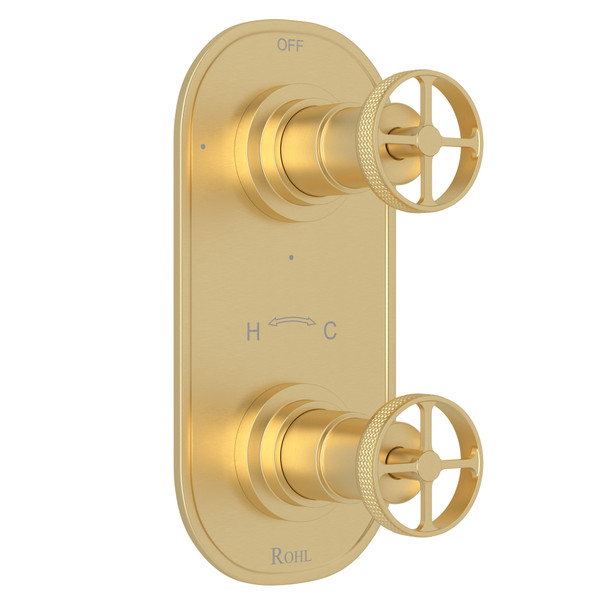 Campo 1/2 Inch Thermostatic and Diverter Control Trim - Satin Unlacquered Brass with Industrial Metal Wheel Handle | Model Number: A4464IWSUB - Product Knockout