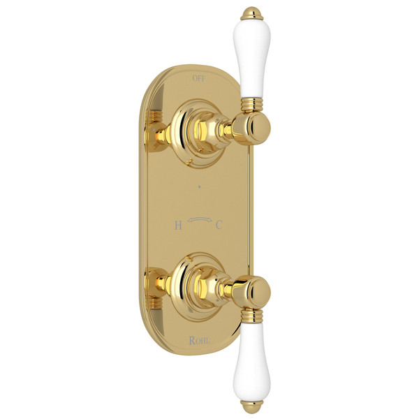 1/2 Inch Thermostatic and Diverter Control Trim - Unlacquered Brass with White Porcelain Lever Handle | Model Number: A4964LPULB - Product Knockout