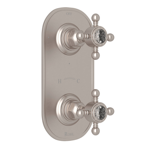 DISCONTINUED-1/2 Inch Thermostatic and Diverter Control Trim - Satin Nickel with Crystal Cross Handle | Model Number: A4964XCSTN - Product Knockout