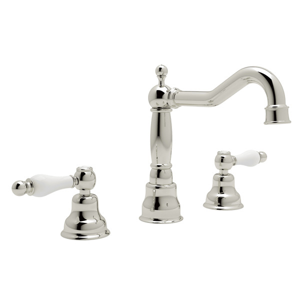 DISCONTINUED-Arcana Column Spout Widespread Bathroom Faucet - Polished Nickel with Ornate White Porcelain Lever Handle | Model Number: AC107OP-PN-2 - Product Knockout