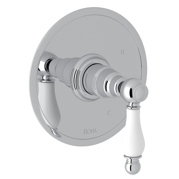 DISCONTINUÉ -Garniture pour valve pression équilibrée sans déviateur Arcana - Chrome poli avec poignée à levier décorée blanche en porcelaine | Numéro de modèle: AC110OP-APC - Produit épuisé