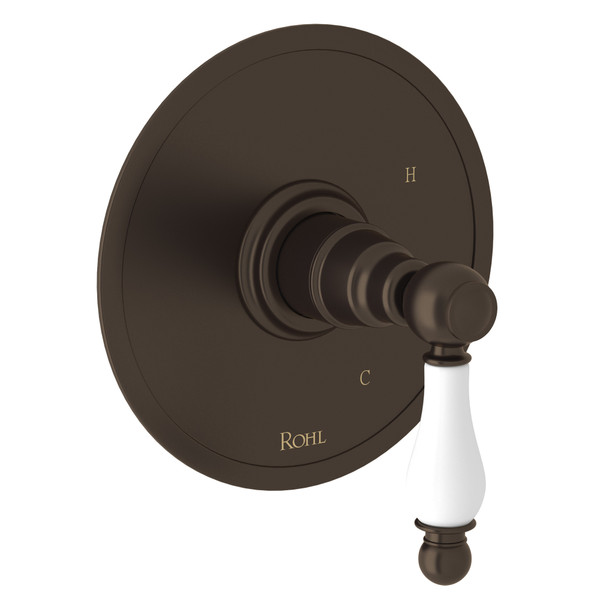 DISCONTINUED-Arcana Pressure Balance Trim without Diverter - Tuscan Brass with Ornate White Porcelain Lever Handle | Model Number: AC110OP-TCB - Product Knockout