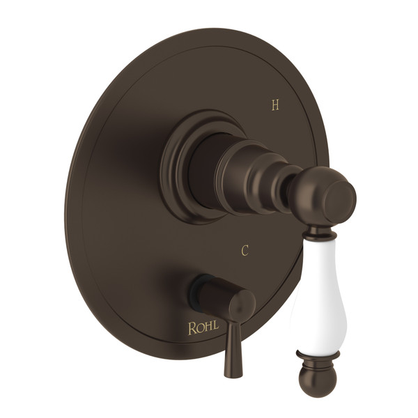 DISCONTINUED-Arcana Pressure Balance Trim with Diverter - Tuscan Brass with Ornate White Porcelain Lever Handle | Model Number: AC210NOP-TCB - Product Knockout