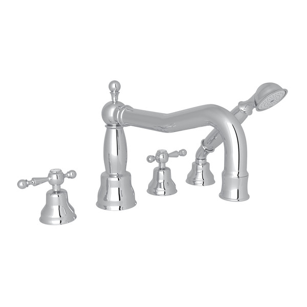 DISCONTINUED-Arcana Column Spout 4-Hole Deck Mount Tub Filler with Handshower - Polished Chrome with Ornate Metal Lever Handle | Model Number: AC262L-APC - Product Knockout