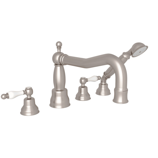 DISCONTINUÉ -Robinet de bain sur comptoir à 4 trous  et bec vertical avec douchette Arcana  - Nickel satiné avec poignée à levier décorée en blanche en porcelaine | Numéro de modèle: AC262OP-STN - Produit épuisé