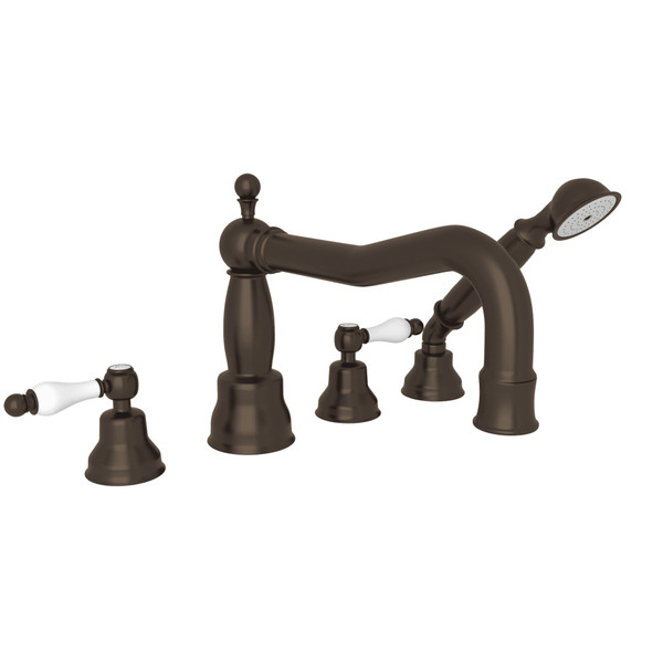 DISCONTINUÉ -Robinet de bain sur comptoir à 4 trous  et bec vertical avec douchette Arcana  - Tuscan Brass - Laiton toscan avec poignée à levier décorée blanche en porcelaine | Numéro de modèle: AC262OP-TCB - Produit épuisé