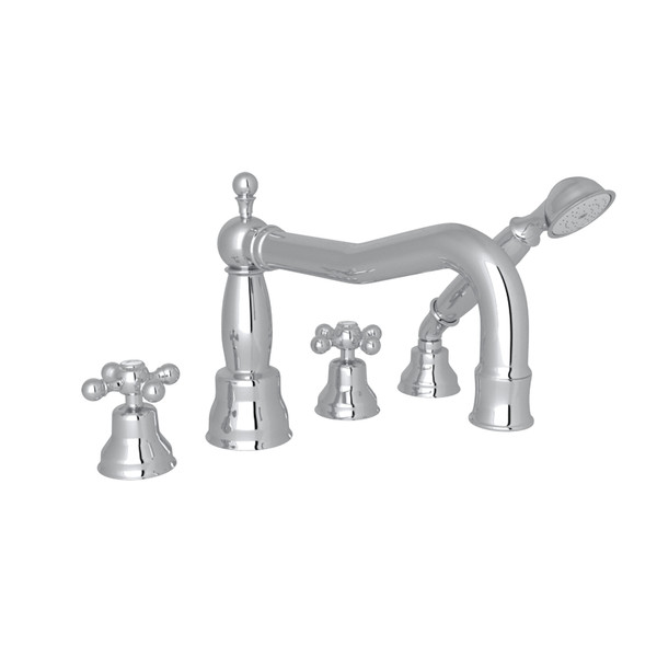 DISCONTINUÉ -Robinet de bain sur comptoir à 4 trous  et bec vertical avec douchette Arcana  - Chrome poli avec poignée en croix | Numéro de modèle: AC262X-APC - Produit épuisé