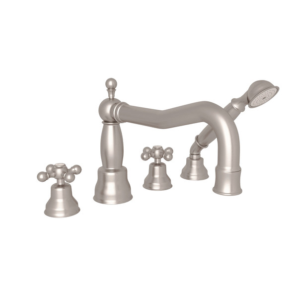 DISCONTINUÉ -Robinet de bain sur comptoir à 4 trous  et bec vertical avec douchette Arcana  - Nickel satiné avec poignée en croix | Numéro de modèle: AC262X-STN - Produit épuisé