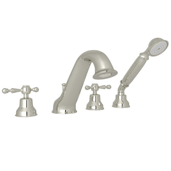 DISCONTINUÉ -​​​​​​​Robinet de bain 4 trous pour installation sur comptoir avec douchette - Nickel poli avec poignée à levier décorée en métal | Numéro de modèle: AC26L-PN - Produit épuisé