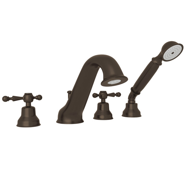 DISCONTINUÉ -​​​​​​​Robinet de bain 4 trous pour installation sur comptoir avec douchette - Tuscan Brass - Laiton toscan avec poignée à levier décorée en métal | Numéro de modèle: AC26L-TCB - Produit épuisé