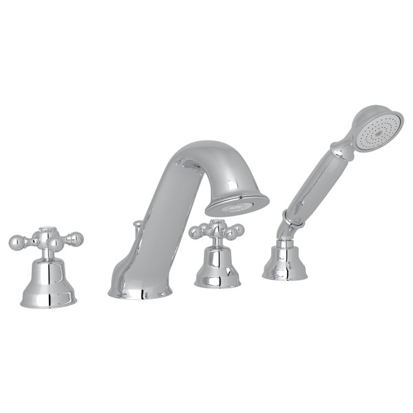 DISCONTINUÉ -​​​​​​​Robinet de bain 4 trous pour installation sur comptoir avec douchette - Chrome poli avec poignée en croix | Numéro de modèle: AC26X-APC - Produit épuisé
