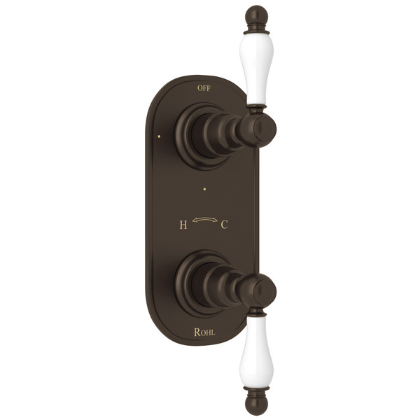 DISCONTINUED-Arcana 1/2 Inch Thermostatic and Diverter Control Trim - Tuscan Brass with Ornate White Porcelain Lever Handle | Model Number: AC390OP-TCB/TO - Product Knockout