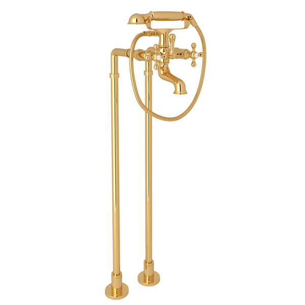 DISCONTINUED-Arcana Exposed Floor Mount Tub Filler with Handshower and Floor Pillar Legs or Supply Unions - Italian Brass with Cross Handle | Model Number: ACKIT7383NX-IB - Product Knockout
