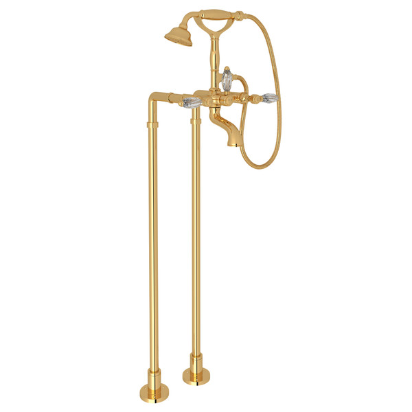 Exposed Floor Mount Tub Filler with Handshower and Floor Pillar Legs or Supply Unions - Italian Brass with Crystal Metal Lever Handle | Model Number: AKIT1401NLCIB - Product Knockout