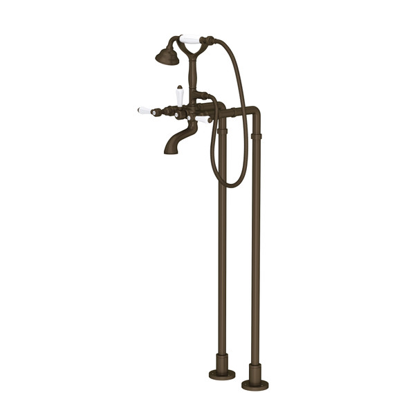 Exposed Floor Mount Tub Filler with Handshower and Floor Pillar Legs or Supply Unions - Tuscan Brass with White Porcelain Lever Handle | Model Number: AKIT1401NLPTCB - Product Knockout