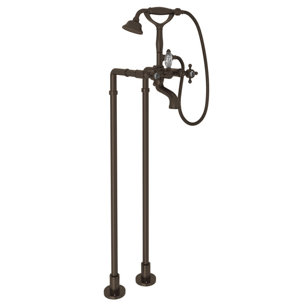 DISCONTINUED-Exposed Floor Mount Tub Filler with Handshower and Floor Pillar Legs or Supply Unions - Tuscan Brass with Crystal Cross Handle | Model Number: AKIT1401NXCTCB - Product Knockout