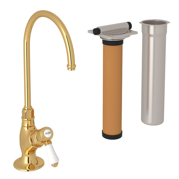 DISCONTINUED-San Julio C-Spout Filter Faucet - Italian Brass with White Porcelain Lever Handle | Model Number: AKIT1635LPIB-2 - Product Knockout