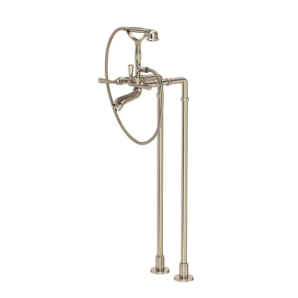 Palladian Exposed Floor Mount Tub Filler with Handshower and Floor Pillar Legs or Supply Unions - Satin Nickel with Metal Lever Handle | Model Number: AKIT1901NLMSTN - Product Knockout