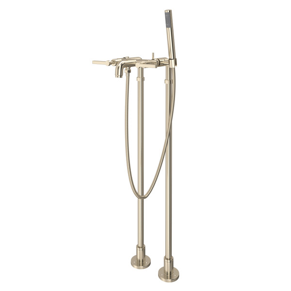 Lombardia Exposed Floor Mount Tub Filler with Handshower and Floor Pillar Legs or Supply Unions - Satin Nickel with Metal Lever Handle | Model Number: AKIT2202NLMSTN - Product Knockout