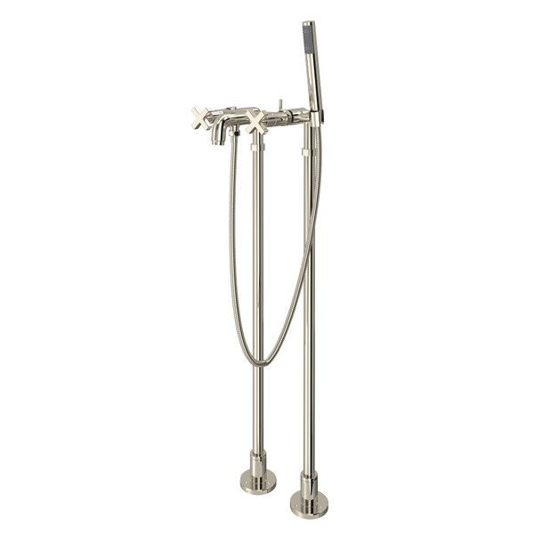 Lombardia Exposed Floor Mount Tub Filler with Handshower and Floor Pillar Legs or Supply Unions - Polished Nickel with Cross Handle | Model Number: AKIT2202NXMPN - Product Knockout