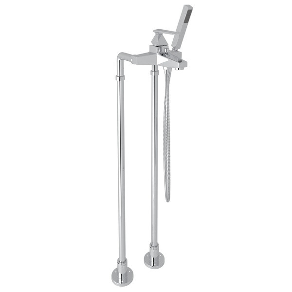 Vincent Exposed Floor Mount Tub Filler with Handshower and Floor Pillar Legs or Supply Unions - Polished Chrome with Metal Lever Handle | Model Number: AKIT3001NLVAPC - Product Knockout