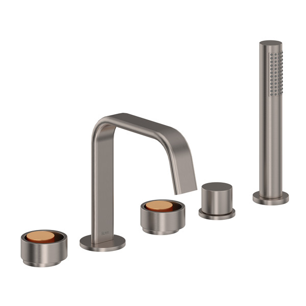 Eclissi 5-Hole Deck Mount Tub Filler - U-Spout - Satin Nickel with Satin Gold Accent with Circular Handle | Model Number: EC05D5IWSNG - Product Knockout