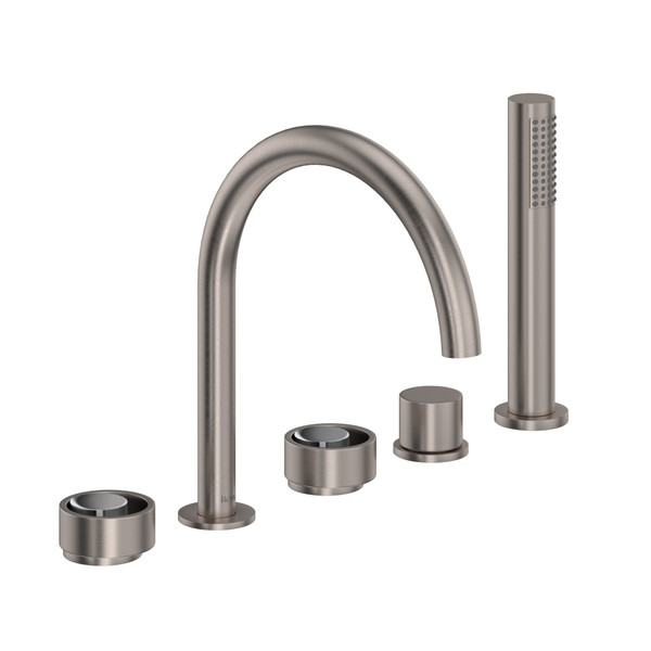 Eclissi 5-Hole Deck Mount Tub Filler - C-Spout - Satin Nickel with Polished Chrome Accent with Circular Handle | Model Number: EC06D5IWSNC - Product Knockout