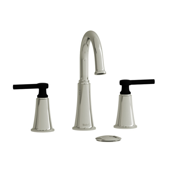 Robinet de salle de bain en plusieurs parties Momenti avec bec en C - Nickel Poli et Noir avec poignées à levier  | Numéro de modèle: MMRD08LPNBK - Produit épuisé