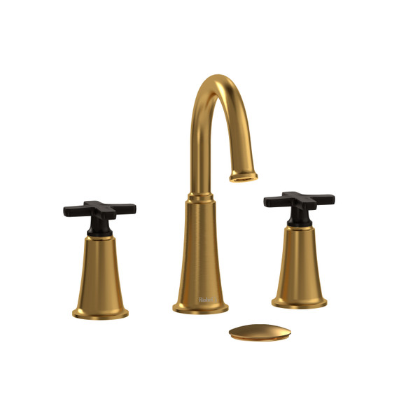 Momenti Widespread Bathroom Faucet with C-Spout  - Brushed Gold and Black with X-Shaped Handles | Model Number: MMRD08XBGBK - Product Knockout