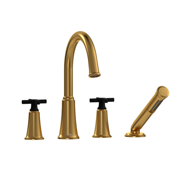 Momenti 4-Hole Deck Mount Tub Filler with C-Spout  - Brushed Gold and Black with Cross Handles | Model Number: MMRD12+BGBK - Product Knockout