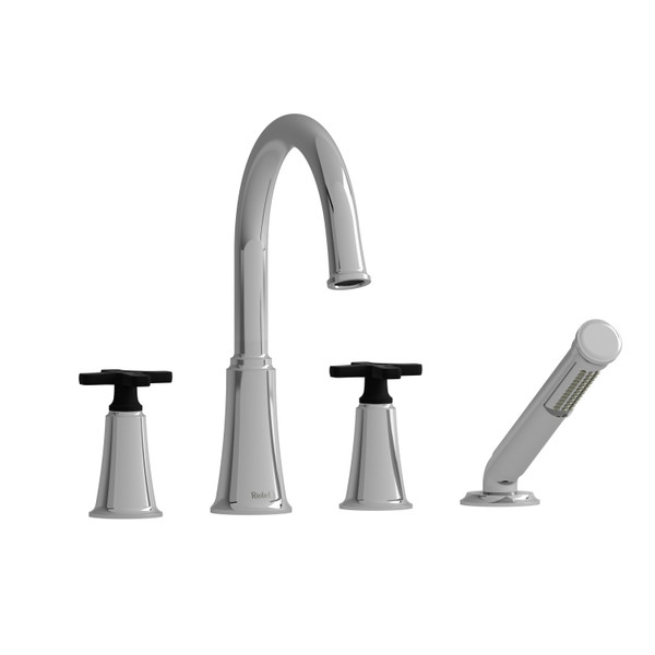 Robinet de bain​​​​​​​ sur comptoir 4 trous avec bec en C Momenti​​​​​​​ - Chrome et noir avec poignées en croix  | Numéro de modèle: MMRD12XCBK - Produit épuisé