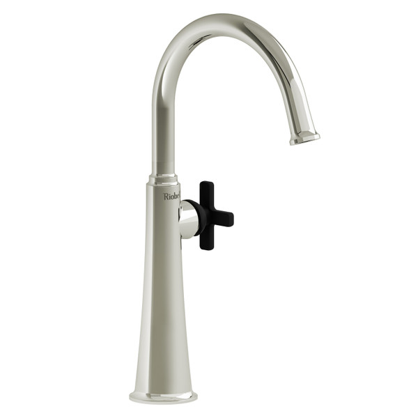 DISCONTINUED-Momenti Single Handle Tall Bathroom Faucet with C-Spout - Polished Nickel and Black with X-Shaped Handles | Model Number: MMRDL01XPNBK-10 - Product Knockout