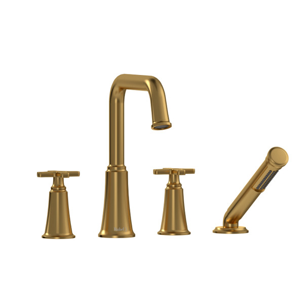 Momenti 4-Hole Deck Mount Tub Filler with U-Spout  - Brushed Gold with Cross Handles | Model Number: MMSQ12+BG - Product Knockout