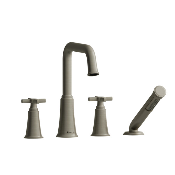  Garniture​​​​​​​ de robinet de bain​​​​​​​ sur comptoir 4 trous   avec bec en U Momenti​​​​​​​ - Nickel brossé avec poignées en croix  | Numéro de modèle: MMSQ12+BN - Produit épuisé