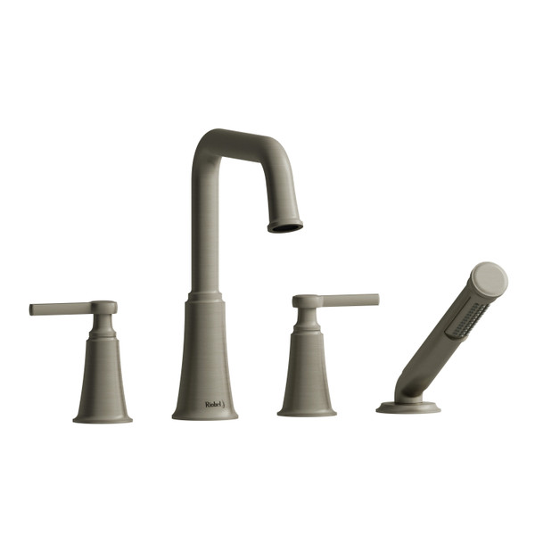  Garniture​​​​​​​ de robinet de bain​​​​​​​ sur comptoir 4 trous   avec bec en U Momenti​​​​​​​ - Nickel brossé avec poignées à levier  | Numéro de modèle: MMSQ12LBN - Produit épuisé