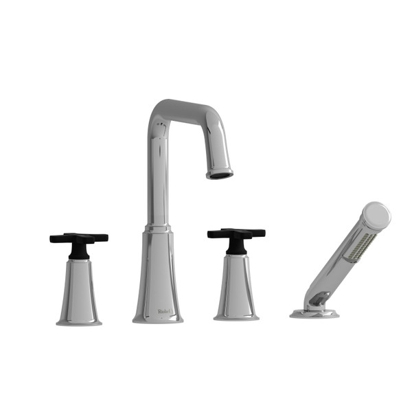  Garniture​​​​​​​ de robinet de bain​​​​​​​ sur comptoir 4 trous   avec bec en U Momenti​​​​​​​ - Chrome et noir avec poignées en croix  | Numéro de modèle: MMSQ12XCBK - Produit épuisé