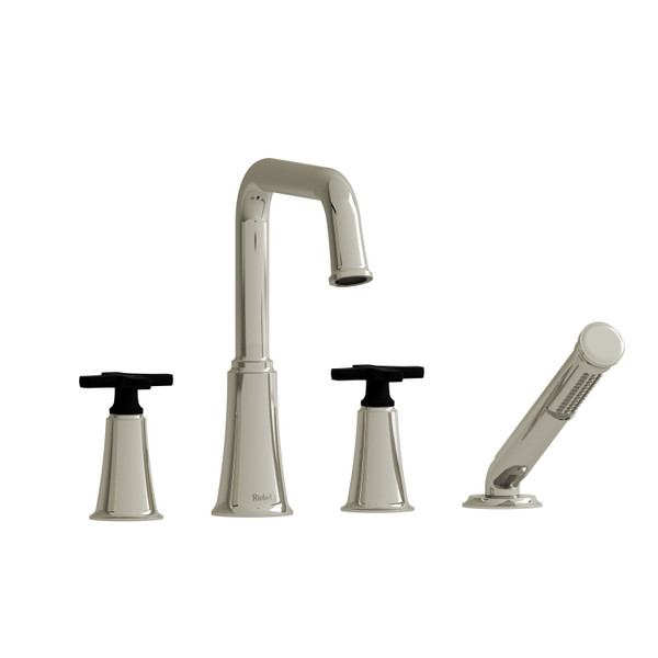  Garniture​​​​​​​ de robinet de bain​​​​​​​ sur comptoir 4 trous   avec bec en U Momenti​​​​​​​ - Nickel poli et Noir avec poignées en croix​​​​​​​  | Numéro de modèle: MMSQ12XPNBK - Produit épuisé