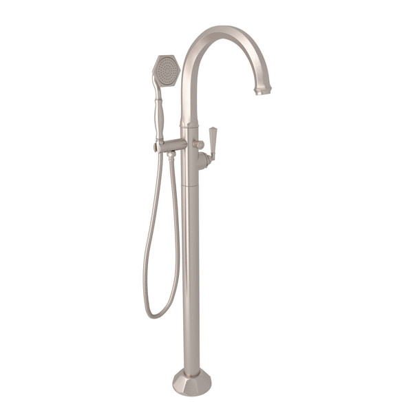 Palladian Single Leg Floor Mount Tub Filler - Satin Nickel with Metal Lever Handle | Model Number: N1987LMSTNTO - Product Knockout