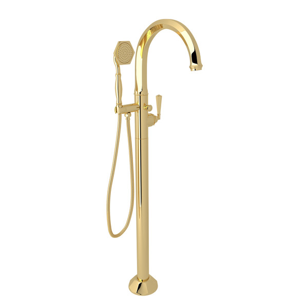 Palladian Single Leg Floor Mount Tub Filler - Unlacquered Brass with Metal Lever Handle | Model Number: N1987LMULBTO - Product Knockout