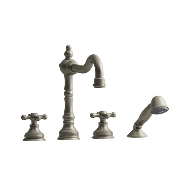 Robinet de bain sur comptoir 4 trous Retro​​​​​​​ - Nickel brossé avec poignées en croix  | Numéro de modèle: RT12+BN - Produit épuisé