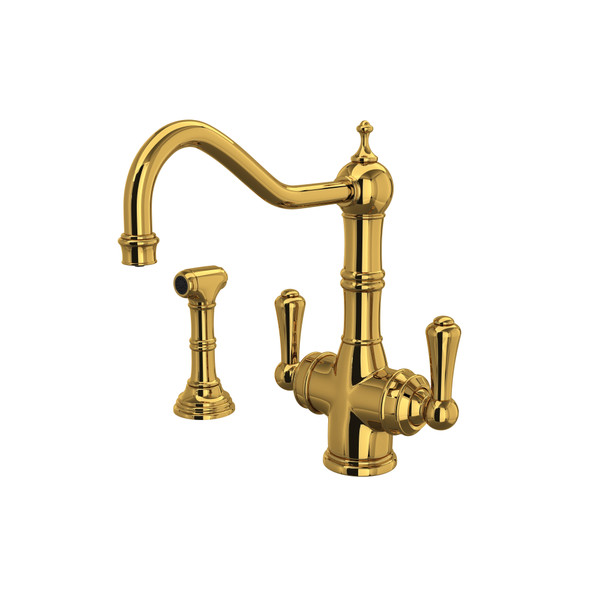 DISCONTINUED Edwardian™ Two Handle Filter Kitchen Faucet With Side Spray - Unlacquered Brass | Model Number: U.1570LS-ULB-2