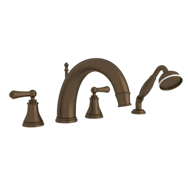 Georgian Era 4-Hole Deck Mount C-Spout Tub Filler with Handshower - English Bronze with Metal Lever Handle | Model Number: U.3648LS-EB - Product Knockout